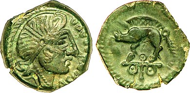 Gaulish coin from present-day Normandy featuring a wild boar trophy on the reverse; such coin issues have been linked iconographically to the boar-god of Euffigneix Aulerques Eburovices (Region d'Evreux) Bronze a l'enseigne de sanglier.jpg