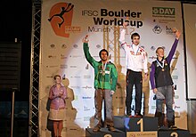McColl winning second place at the final event of the Bouldering World Cup 2012 BW 2012-08-26 worldcup day men 0888.JPG