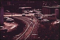 Georgetown Branch in Bethesda, Maryland, near where it crossed Bethesda Avenue B & O BRANCH IN CENTER OF BETHESDA IS RARELY USED - NARA - 546627.jpg