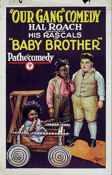 The theatrical poster for the 1927 Our Gang comedy Baby Brother, in which Allen "Farina" Hoskins (center) paints a Black baby with white shoe polish s