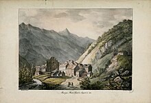 Lithographie en couleur montrant une vue d'ensemble du village dans la vallée.