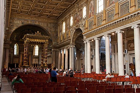 The Basilica of Santa Maria Maggiore, Rome. Its foundation dated by tradition to a miraculous snowfall in 352. Ancient mosaics are incorporated into Baroque decorations.