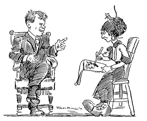 1911 cartoon of Nelson and his future wife Fay King, drawn by herself for his guide The wonders of the Yellowstone National Park.