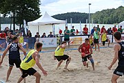 Deutsch: Beachhandball Europameisterschaften 2019 (Beach handball Euro); Tag 2: 3. Juli 2019 – Männer, Vorrunde Gruppe B, Russland-Dänemark 2:0 (22:16, 21:17) English: Beach handball Euro; Day 2: 3 July 2019 – Women Preliminary Round Group A – Men Preliminary Round Group B – Russia-Denmark 2:0 (22:16, 21:17)