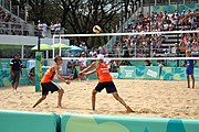 Deutsch: Beachvolleyball bei den Olympischen Jugendspielen 2018; Tag 11, 17. Oktober 2018; Jungen,Finale – Niederlande (Matthew Immers/Yorick de Groot)-Schweden (David Åhman/Jonatan Hellvig) 0:2 (20–22/15–21) English: Beach volleyball at the 2018 Summer Youth Olympics at 17 October 2018 – Final – Netherlands (Matthew Immers/Yorick de Groot)-Sweden (David Åhman/Jonatan Hellvig) 0:2 (20–22/15–21)