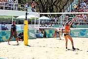 Deutsch: Beachvolleyball bei den Olympischen Jugendspielen 2018; Tag 9, 15. Oktober 2018; Mädchen, Viertelfinale: USA-Spanien 2–1 (21–19/17–21/15–9) English: Beach volleyball at the 2018 Summer Youth Olympics at 15 October 2018 – Girls Quarterfinals: USA-Spain 2–1 (21–19/17–21/15–9)