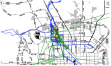 Black and white map of Beijing containing few mobility trajectories plotted on top of it.