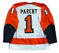 Jersey of Flyers' goaltender Bernie Parent, who played for the Flyers from 1967-68 to 1970-71 and again from 1973-74 to 1978-79 Bernie Parent jersey.jpg
