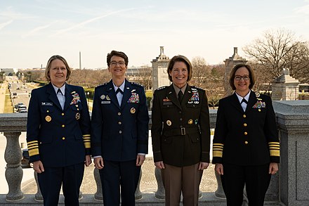 The existing four-star women in the United States Armed Forces in March 2023 during Women's History Month. From left to right: Admiral Linda L. Fagan, General Jacqueline Van Ovost, General Laura J. Richardson and Admiral Lisa Franchetti