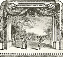 Dessin en noir et blanc représentant la scène d'un théâtre sur laquelle deux hommes noirs se trouvent, l'un jouant du banjo, l'autre en train de danser.