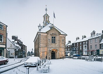 English: Brackley Town Hall in January 2019, seen from the north, with fresh snow.