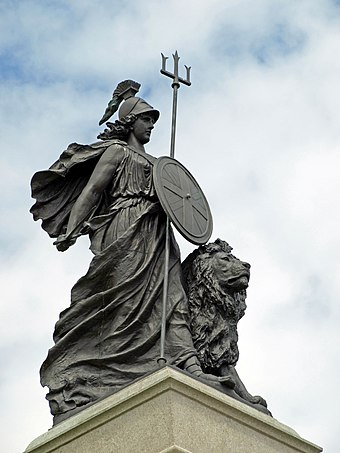 The National Armada memorial in Plymouth using the Britannia image to celebrate the defeat of the Spanish Armada in 1588 (William Charles May, sculptor, 1888)