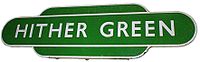 A Southern Region "totem" station sign for Hither Green railway station. British Railways Southern Region station totem for Hither Green.jpg