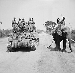 British commander and Indian crew encounter elephant near Meiktila.jpg