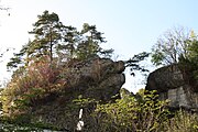 Bild 6, Ostseite des Burgfelsens mit dem ehemaligen Zugang über die Schlucht (September 2009)