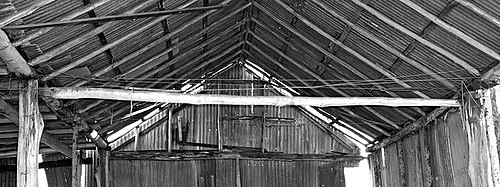 Fig. 8: Instead of trusses or joists to brace the walls and support the roof, strands of fencing wire are stretched between the top-plates and tensioned with turnbuckles.
