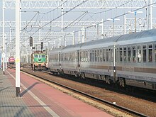 A Polish locomotive takes over haulage duty from a Deutsche Bahn unit at Rzepin on a Berlin-Warsaw Express train Bwe loco change rzepin.jpg