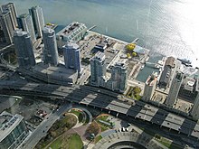 The York/Bay/Yonge ramp diverging from the Gardiner (circa 2008), which was demolished in 2017 CN Tower Gardiner.jpg