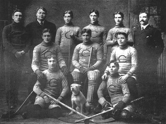 Calumet-Laurium Miners in the 1904-05 season. Front row, left to right: Fred Strike, Ken Mallen. Middle row, left to right: Dr. Bob Scott, Billy Nicholson, Jimmy Gardner. Top row, left to right: Joe Ziehr, Charles Thompson, Reddy McMillan, Hod Stuart, Clarence "Lal" Earls, Johnson Vivian. Calumet-Laurium Miners.png