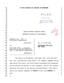 Memorandum Decision and Order dated August 18, 1994 Capcom U.S.A. Inc. v. Data East Corp. Memorandum Decision and Order dated August 18, 1994 (Docket No. 243).pdf
