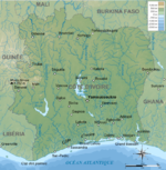 Relief et villes principales de la Côte d’Ivoire.