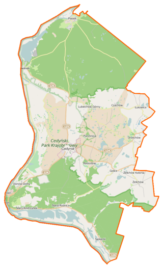 Mapa konturowa gminy Cedynia, w centrum znajduje się punkt z opisem „Cedynia”