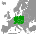 Carte où apparaissent Pologne, Tchéquie, Slovaquie, Hongrie, Allemagne, Suisse, Autriche, Slovénie (en vert).