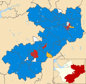 Map of the results of the 2011 Cheshire East council election. Conservatives in blue, Labour in red, Handforth Ratepayers Association, Middlewich First and Shavington First in white, Liberal Democrats in yellow and independents in grey. Cheshire East UK local election 2011 map.svg