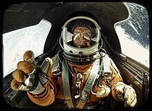 A pilot in a U-2 cockpit in 2010 at 70,000 ft wearing a pressure suit similar to that used in the Lockheed SR-71. Christopher Michel in a U-2 Dragon Lady.jpg