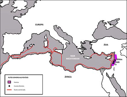 Mapa de les principals rutes comercials utilitzades pels fenicis