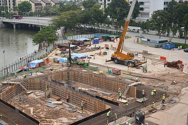 The construction of DTL tunnels near Clarke Quay. The diversion of the Singapore River for construction works for the tunnels between the Chinatown an