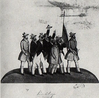 1848 revolutionaries carrying an early version of the flag of Romania. The text on the flag can be translated as: "Justice, Brotherhood".