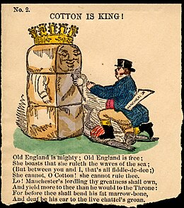 мужчина в цилиндре с надписью, выходящей из кармана, на которой написано, что Манчестер стоит на коленях перед афроамериканцем, склоняющимся перед тюком хлопка, на котором изображено лицо, скипетр и корона на нем.