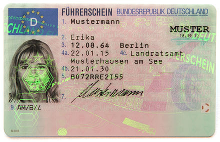 EU driving licence (example), issued in Germany