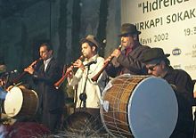 A group of davul and zurna players. The zurna is played using circular breathing. Davul zurna.jpg