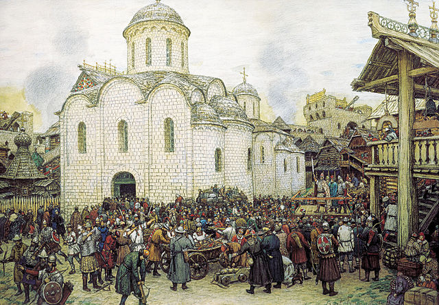 Muscovites gather during the Siege of Moscow