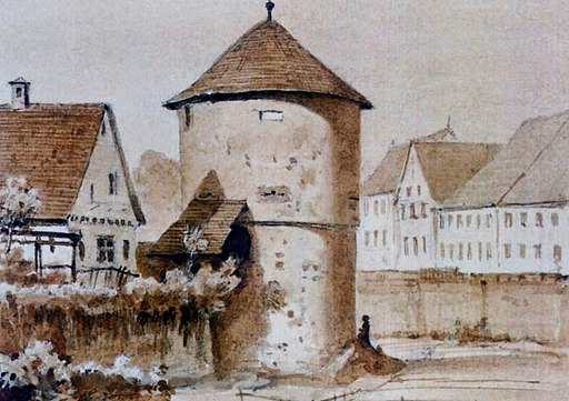 Der Eisturm in Reutlingen auf einem Aquarell von Eduard von Kallee (retuschiert)