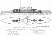 Design schematics for this type of ship; it carried two gun turrets on either end, with two large smoke stacks and two tall masts in between.