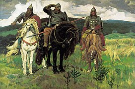 Bogatýrs. De izda. a dcha.: Dobrynia Nikítich, Ilyá Múromets eta Alyosha Popovich, 1898