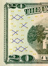 Recto (cutout) of 20 US dollar (as part of the value numeral 20)