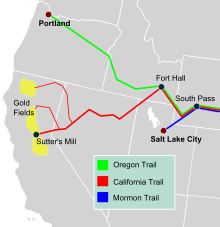 Emigrant trails - Various emigrant trails showing California gold fields.svg