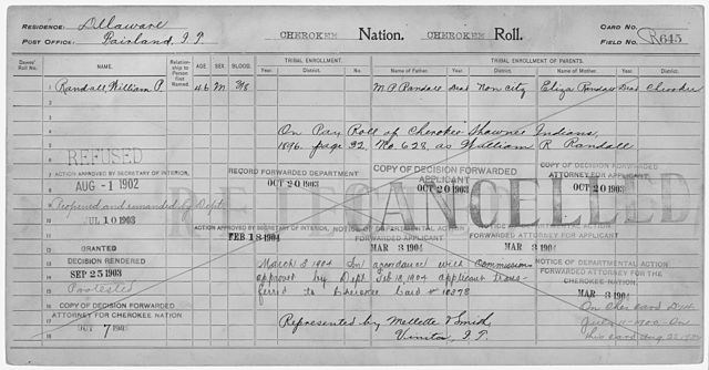 Example of a Cherokee census card for Fairland, Oklahoma from the first few years of the 20th century.