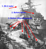 1945年，富蘭克林號被日軍轟炸機重創。1.為SK-2雷達，取代了舊式的SK雷達；2.為艦島的一座四聯裝40公釐高射炮；3.為右弦興建的五座炮座，各裝設一座四聯裝40公釐高射炮。艦艉的兩個炮座在襲擊中受損。