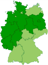 Map of the current states of Germany (in dark green) that are completely or mostly situated inside the old borders of Imperial Germany's Kingdom of Prussia Germany former prussian lander.png