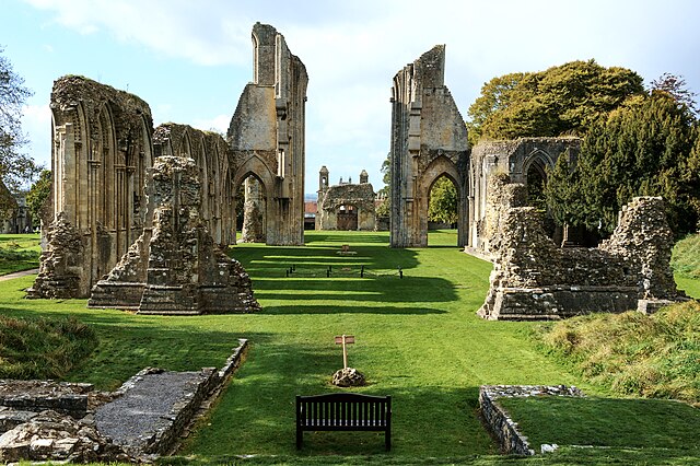 Glastonbury Abbey church ruin seen from the east end of the apse