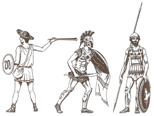 Պատերազմի հույն զինվորներ։ Ձախից աջ՝ հույն պարսատիկավոր, երկու հոպլիտներ։