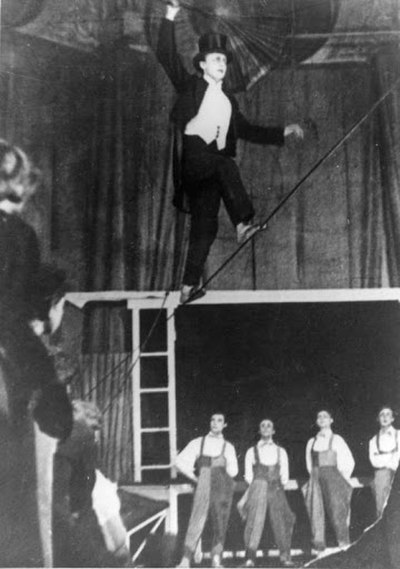 Aleksandrov walking the wire as Glumov for Eisenstein's Wise Man production