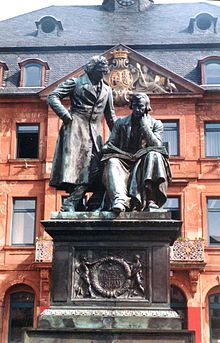 Monument to brothers Grimm in the market place in Hanau. (Hessen, Germany) Hanau Bruder Grimm.jpg