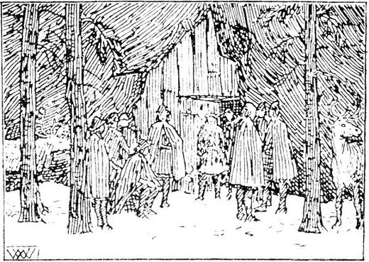 Sigurd Slembe with his men during a raid in Tjeldsund, as imagined by Wilhelm Wetlesen (1899).