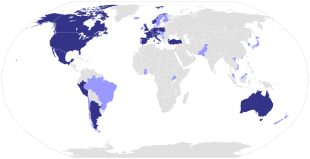 World Map of quidditch activity. Dark blue indicates full member, light blue indicates associate member. IQA World Map.svg